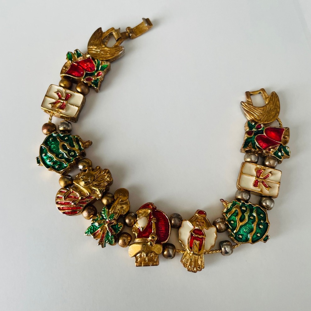 Vintage SIGNED TOFA Slide‎ Charm Bracelet Holiday Christmas Enamel & gold tone